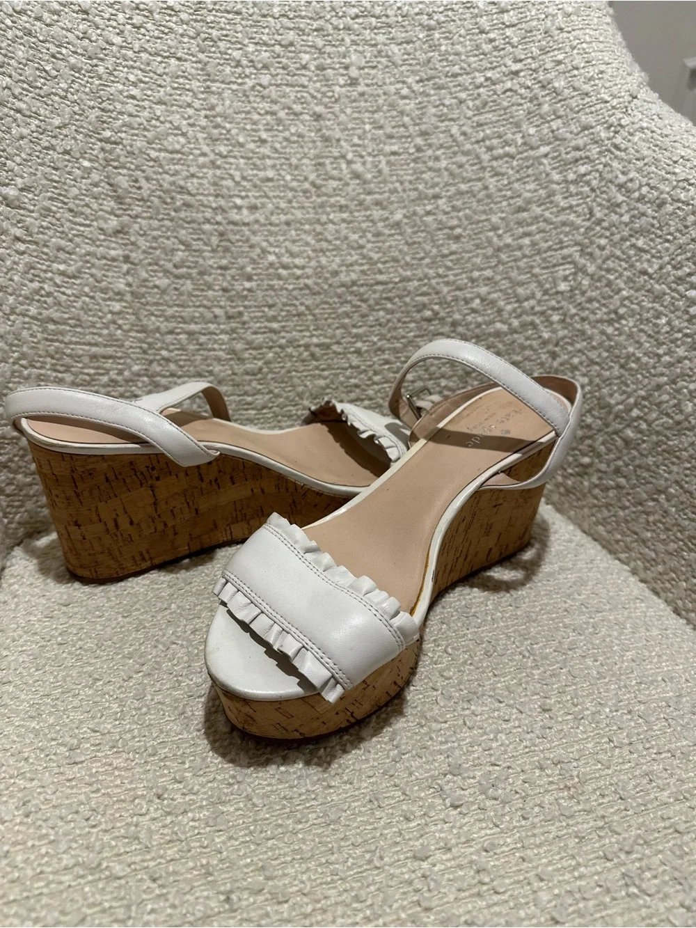 kate spade White Cork Ruffle Wedge Sandals